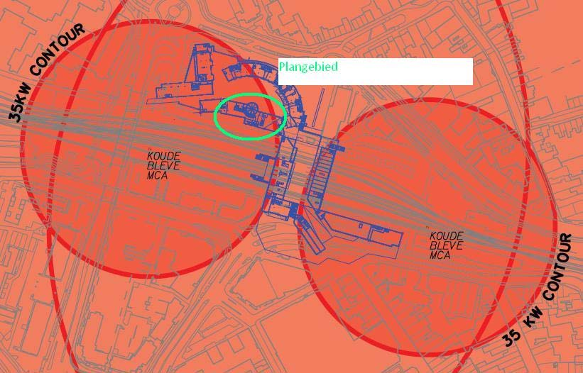 Het blijkt dat het plangebied binnen de 35 kw contour van het BLEVE scenario ligt. Deze 35 kw contour markeert het 100% letaliteitgebied.