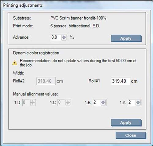 4. Selecteer afdrukken en klik op de knop Print Adjustment (Printafstellingen) om de doorvoer en dynamische kleurenregistratie tijdens het drukken aan te passen.