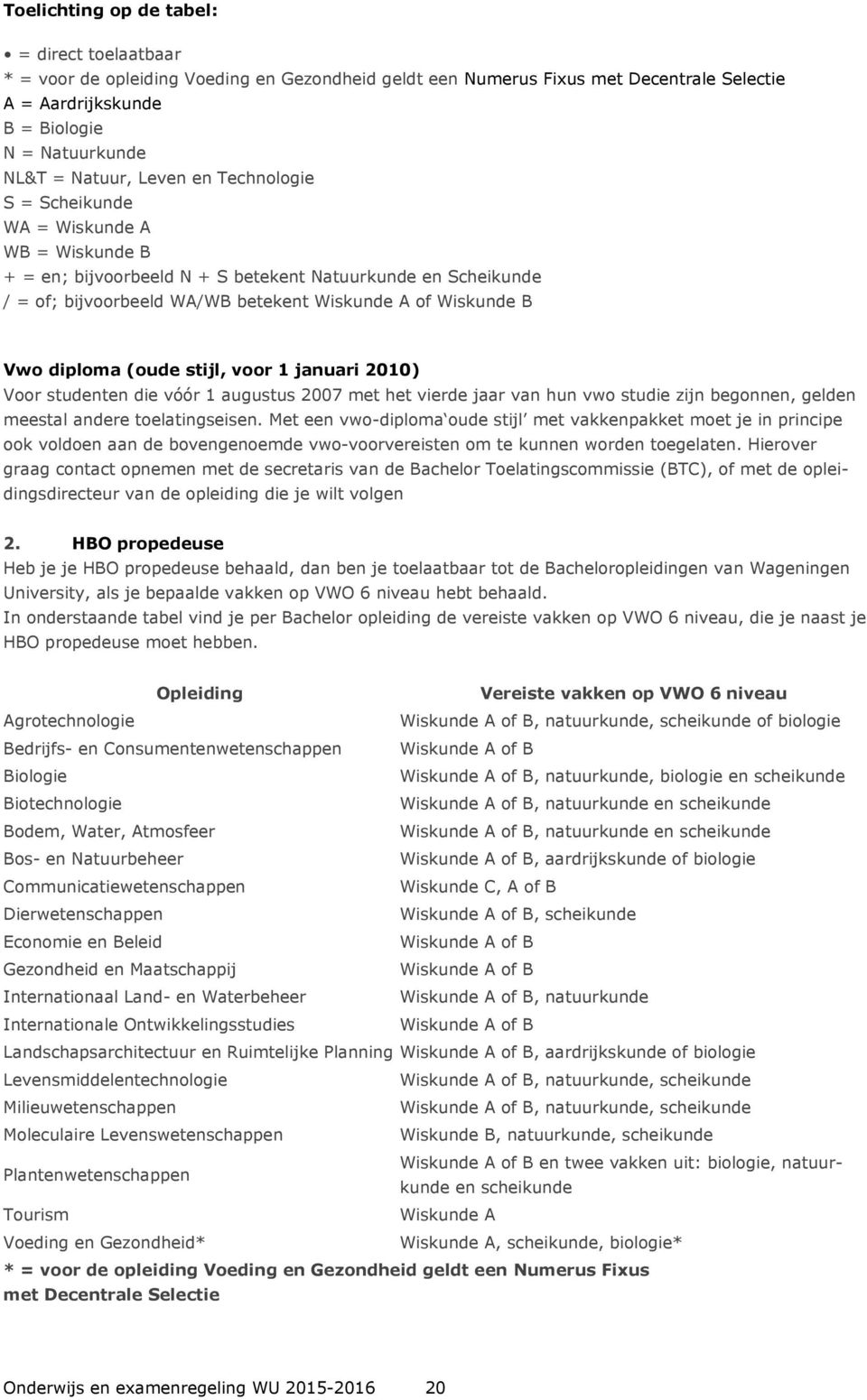 Vwo diploma (oude stijl, voor 1 januari 2010) Voor studenten die vóór 1 augustus 2007 met het vierde jaar van hun vwo studie zijn begonnen, gelden meestal andere toelatingseisen.