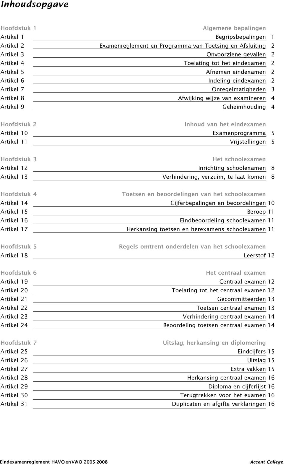 Inhoud van het eindexamen Artikel 10 Examenprogramma 5 Artikel 11 Vrijstellingen 5 Hoofdstuk 3 Het schoolexamen Artikel 12 Inrichting schoolexamen 8 Artikel 13 Verhindering, verzuim, te laat komen 8