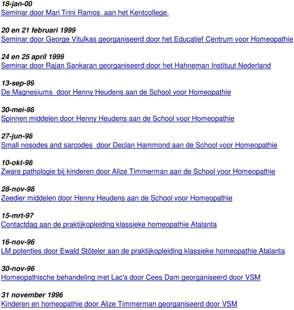 Nederland 13-sep-99 De Magnesiums door Henny Heudens aan de School voor Homeopathie 30-mei-98 Spinnen middelen door Henny Heudens aan de School voor Homeopathie 27-jun-98 Small nosodes and sarcodes