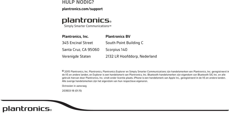Plantronics, Plantronics Explorer en Simply Smarter Communications zijn handelsmerken van Plantronics, Inc.