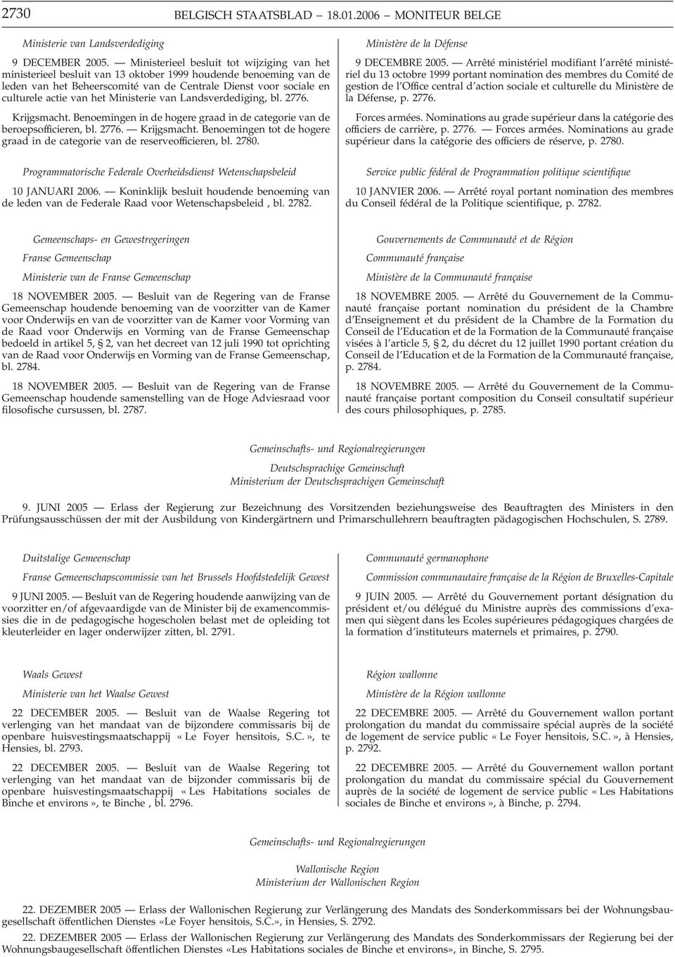 het Ministerie van Landsverdediging, bl. 2776. Krijgsmacht. Benoemingen in de hogere graad in de categorie van de beroepsofficieren, bl. 2776. Krijgsmacht. Benoemingen tot de hogere graad in de categorie van de reserveofficieren, bl.