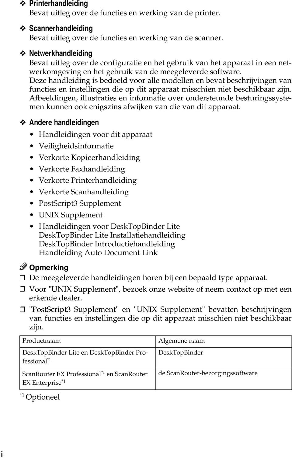 Deze handleiding is bedoeld voor alle modellen en bevat beschrijvingen van functies en instellingen die op dit apparaat misschien niet beschikbaar zijn.