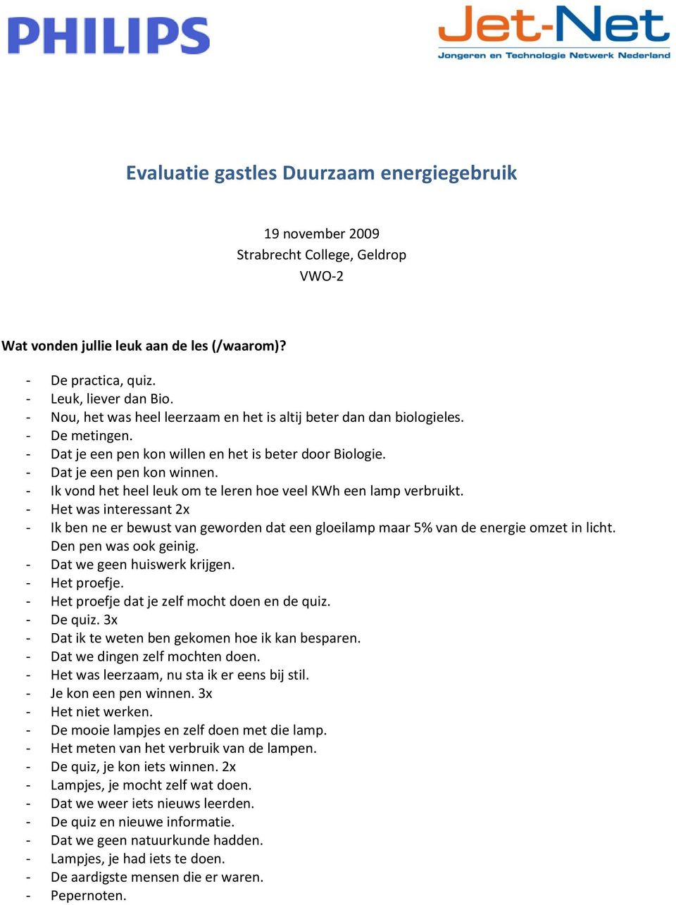 - Ik vond het heel leuk om te leren hoe veel KWh een lamp verbruikt. - Het was interessant 2x - Ik ben ne er bewust van geworden dat een gloeilamp maar 5% van de energie omzet in licht.