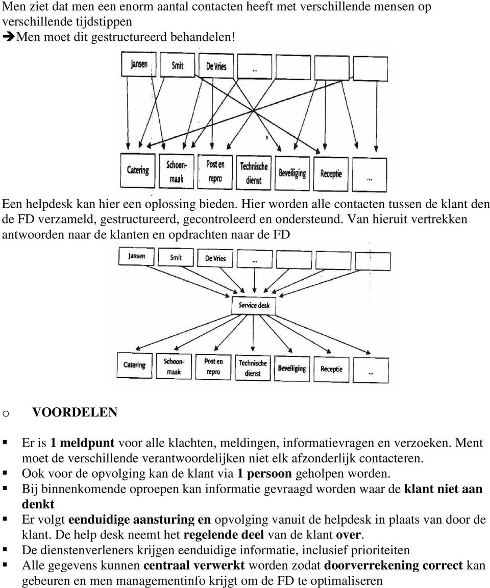 Van hieruit vertrekken antwoorden naar de klanten en opdrachten naar de FD o VOORDELEN Er is 1 meldpunt voor alle klachten, meldingen, informatievragen en verzoeken.