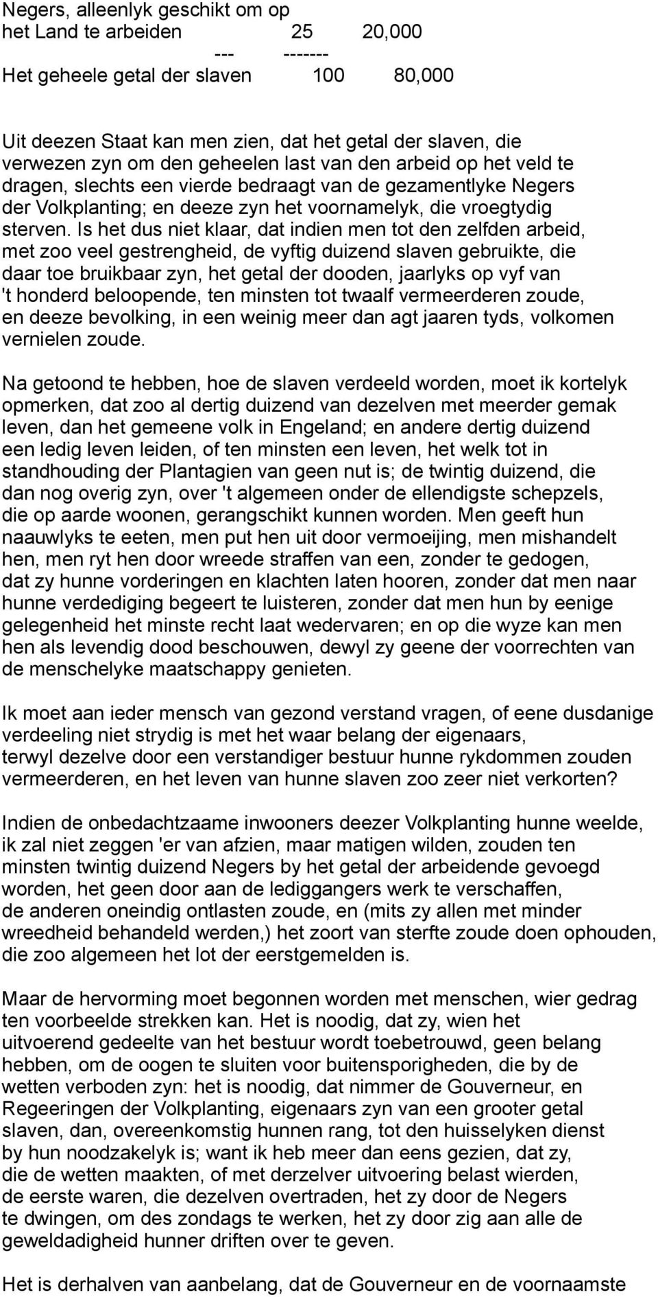 Is het dus niet klaar, dat indien men tot den zelfden arbeid, met zoo veel gestrengheid, de vyftig duizend slaven gebruikte, die daar toe bruikbaar zyn, het getal der dooden, jaarlyks op vyf van 't