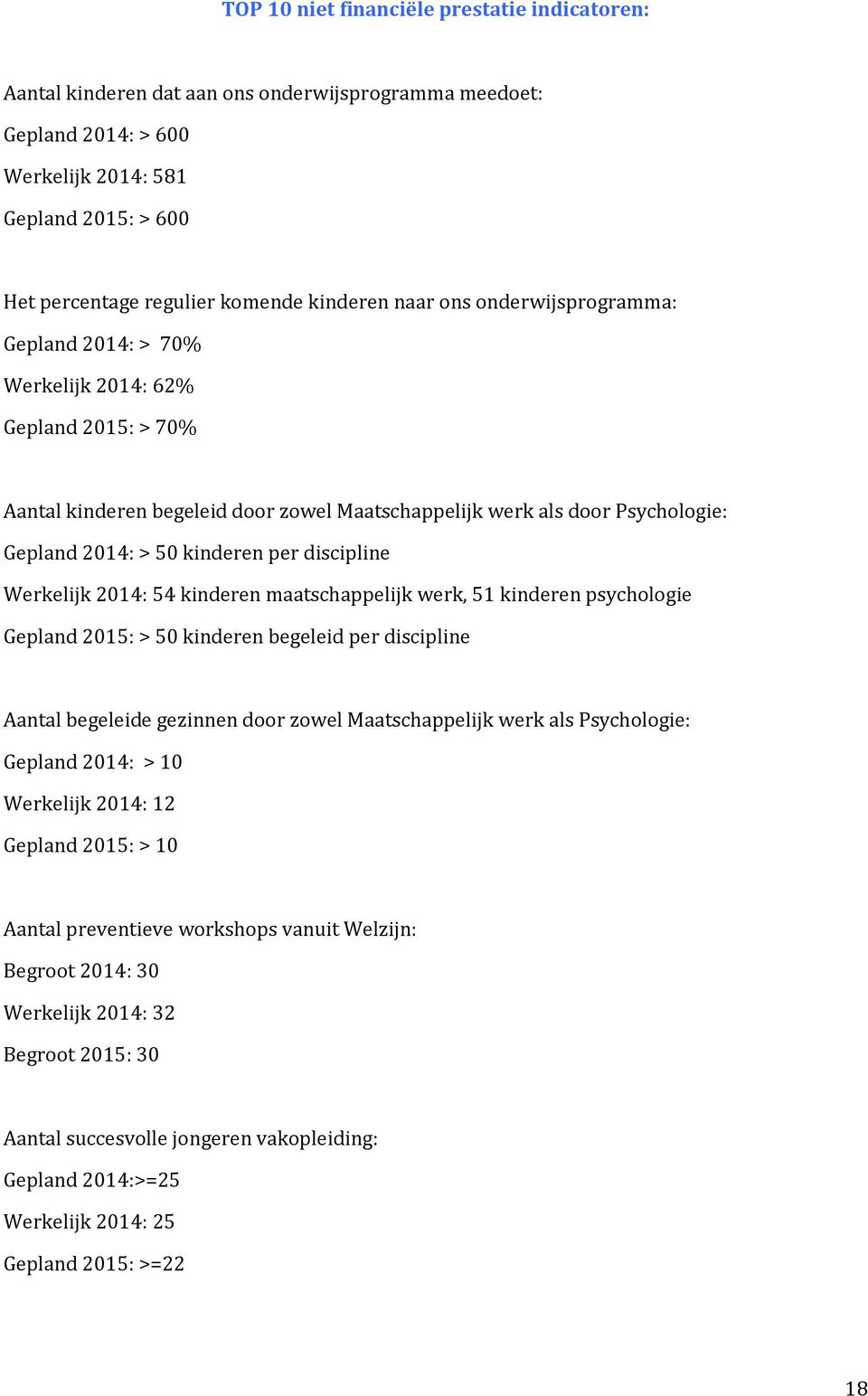 kinderen per discipline Werkelijk 2014: 54 kinderen maatschappelijk werk, 51 kinderen psychologie Gepland 2015: > 50 kinderen begeleid per discipline Aantal begeleide gezinnen door zowel