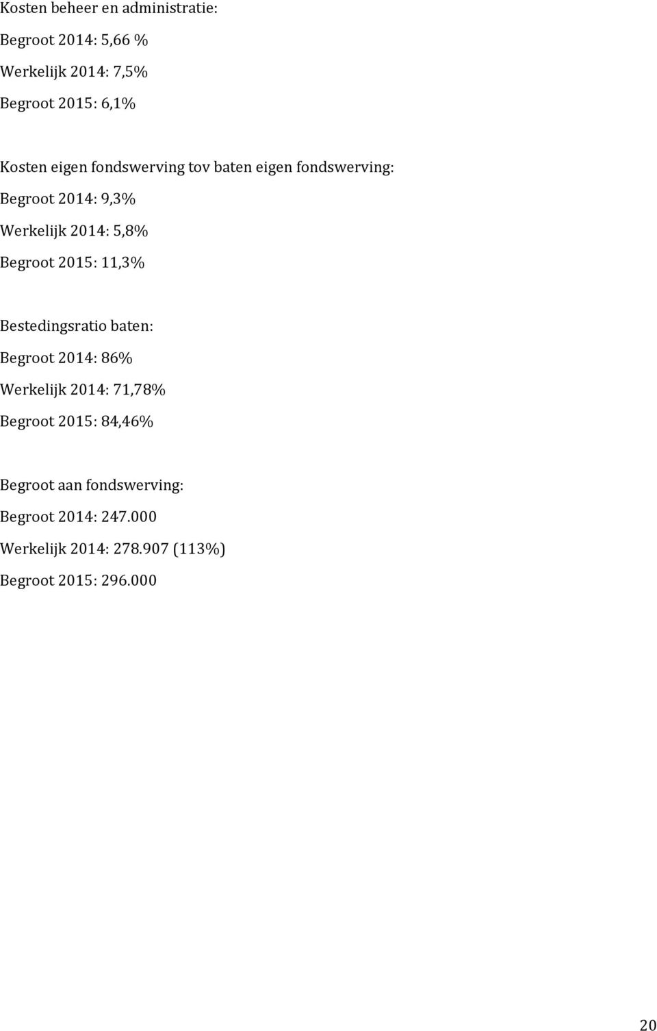 2015: 11,3% Bestedingsratio baten: Begroot 2014: 86% Werkelijk 2014: 71,78% Begroot 2015: 84,46%