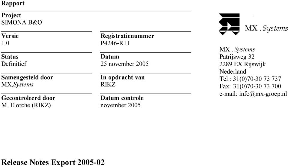 november 2005 MX. Systems Patrijsweg 32 2289 EX Rijswijk Nederland Tel.