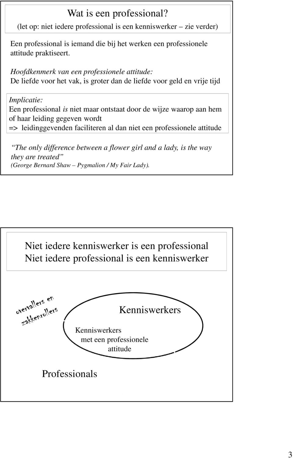 aan hem of haar leiding gegeven wordt => leidinggevenden faciliteren al dan niet een professionele attitude The only difference between a flower girl and a lady, is the way they are treated