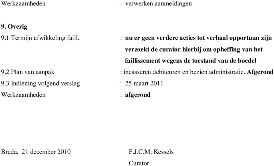 van het faillissement wegens de toestand van de boedel 9.