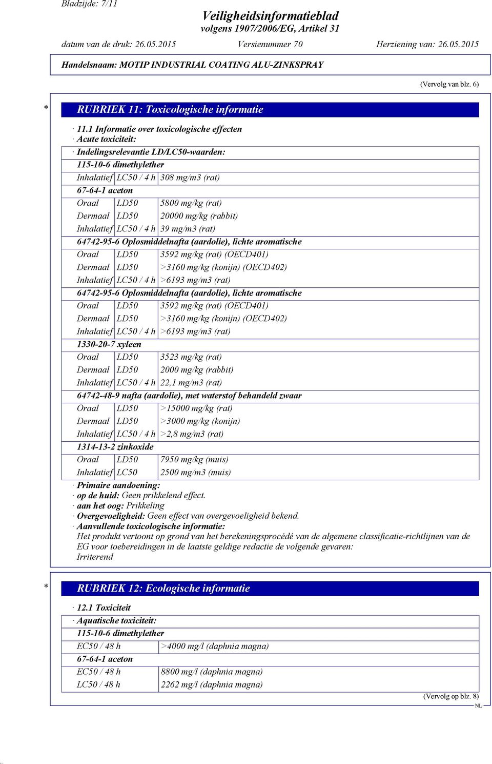 (rat) Dermaal LD50 20000 mg/kg (rabbit) Inhalatief LC50 / 4 h 39 mg/m3 (rat) Oraal LD50 3592 mg/kg (rat) (OECD401) Dermaal LD50 >3160 mg/kg (konijn) (OECD402) Inhalatief LC50 / 4 h >6193 mg/m3 (rat)