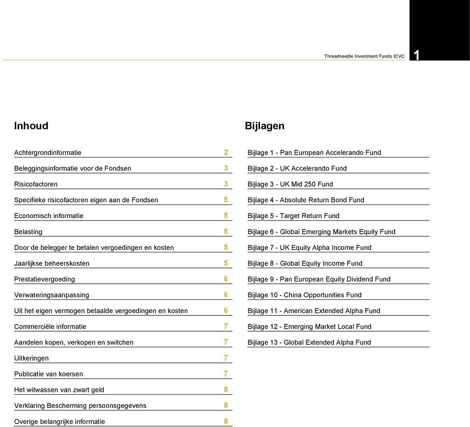 Commerciële informatie 7 Aandelen kopen, verkopen en switchen 7 Bijlage 1 - Pan European Accelerando Fund Bijlage 2 - UK Accelerando Fund Bijlage 3 - UK Mid 250 Fund Bijlage 4 - Absolute Return Bond