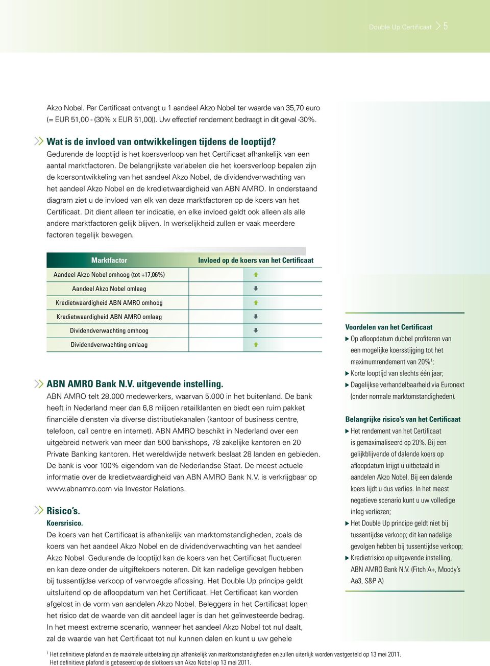 De belangrijkste variabelen die het koersverloop bepalen zijn de koersontwikkeling van het aandeel Akzo Nobel, de dividendverwachting van het aandeel Akzo Nobel en de kredietwaardigheid van ABN AMRO.