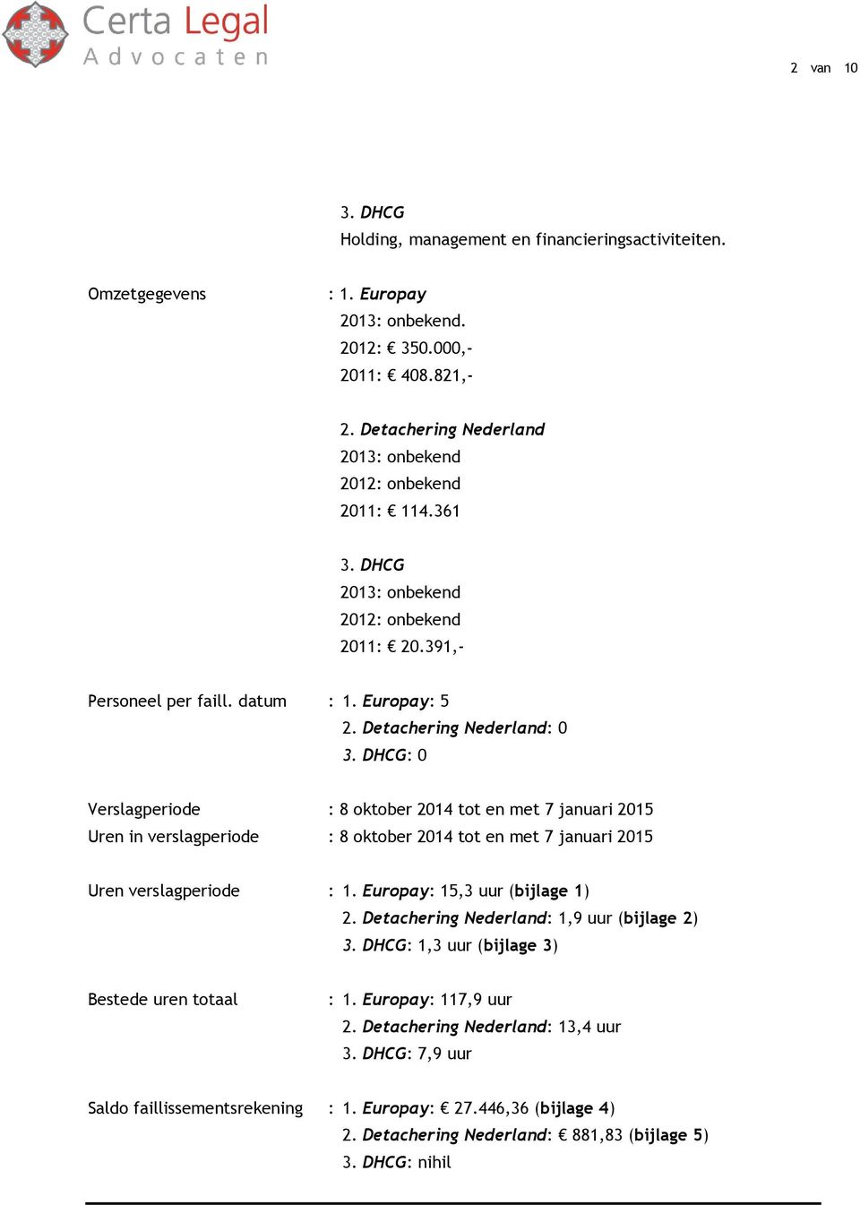 DHCG: 0 Verslagperiode : 8 oktober 2014 tot en met 7 januari 2015 Uren in verslagperiode : 8 oktober 2014 tot en met 7 januari 2015 Uren verslagperiode : 1. Europay: 15,3 uur (bijlage 1) 2.