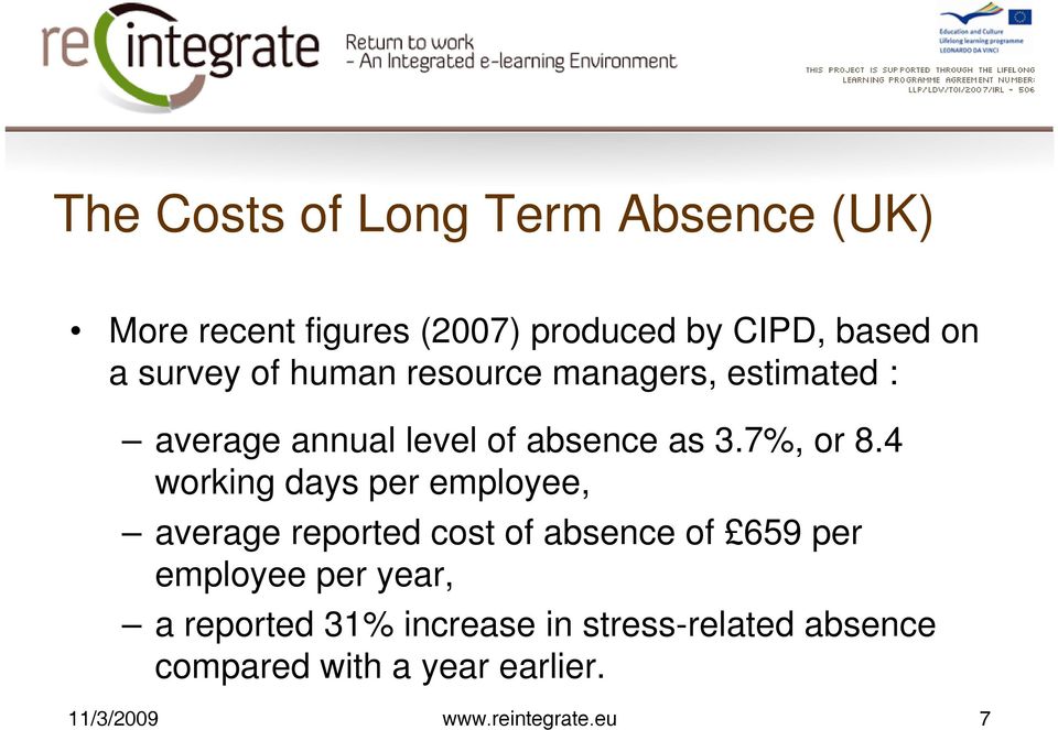 4 working days per employee, average reported cost of absence of 659 per employee per year, a