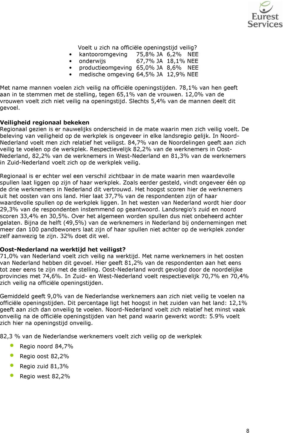 78,1% van hen geeft aan in te stemmen met de stelling, tegen 65,1% van de vrouwen. 12,0% van de vrouwen voelt zich niet veilig na openingstijd. Slechts 5,4% van de mannen deelt dit gevoel.