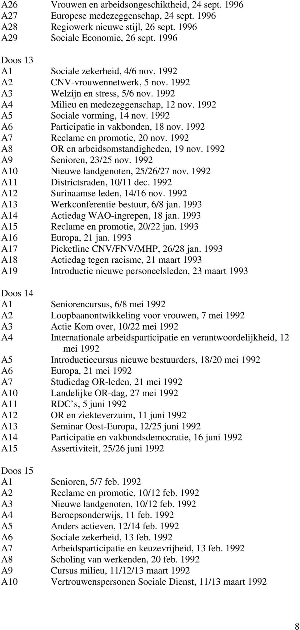 1992 A6 Participatie in vakbonden, 18 nov. 1992 A7 Reclame en promotie, 20 nov. 1992 A8 OR en arbeidsomstandigheden, 19 nov. 1992 A9 Senioren, 23/25 nov. 1992 A10 Nieuwe landgenoten, 25/26/27 nov.