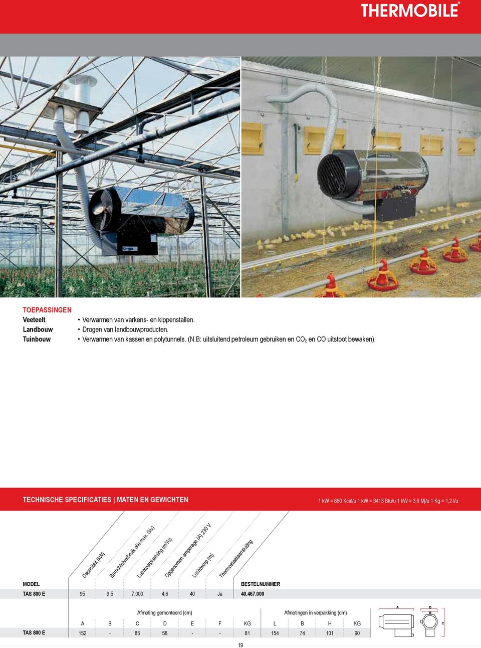 TA ITA IMA TECHNISCHE SPECIFICATIES MATEN EN GEWICHTEN 1 kw = 860 Kcal/u 1 kw = 3413 Btu/u 1 kw = 3,6 Mj/u 1 Kg = 1,2 l/u MODEL TAS 800 E Capaciteit (kw) Brandstofverbruik