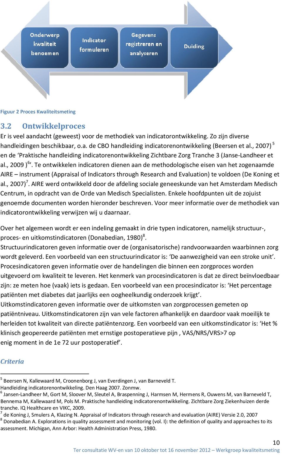 Te ontwikkelen indicatoren dienen aan de methodologische eisen van het zogenaamde AIRE instrument (Appraisal of Indicators through Research and Evaluation) te voldoen (De Koning et al., 2007) 7.