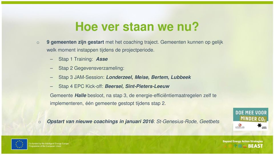 Stap 1 Training: Asse Stap 2 Gegevensverzameling: Stap 3 JAM-Session: Londerzeel, Meise, Bertem, Lubbeek Stap 4 EPC Kick-off: