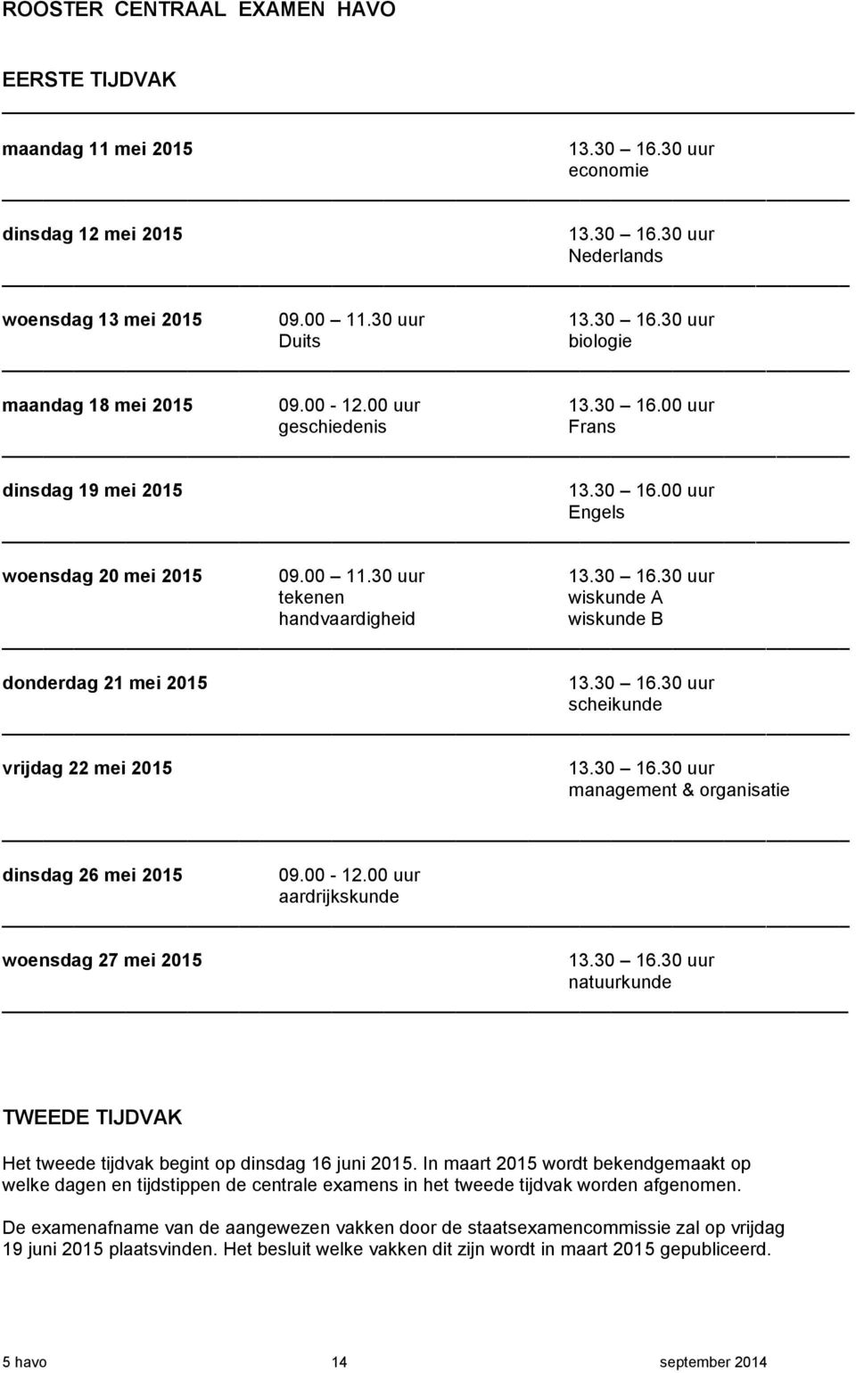 30 16.30 uur scheikunde vrijdag 22 mei 2015 13.30 16.30 uur management & organisatie dinsdag 26 mei 2015 09.00-12.00 uur aardrijkskunde woensdag 27 mei 2015 13.30 16.30 uur natuurkunde TWEEDE TIJDVAK Het tweede tijdvak begint op dinsdag 16 juni 2015.