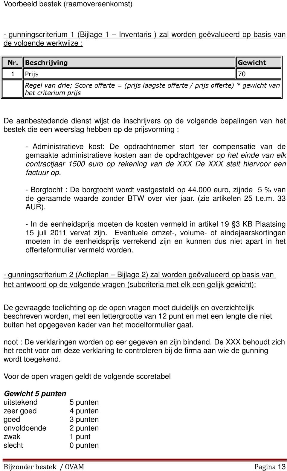 bepalingen van het bestek die een weerslag hebben op de prijsvorming : - Administratieve kost: De opdrachtnemer stort ter compensatie van de gemaakte administratieve kosten aan de opdrachtgever op