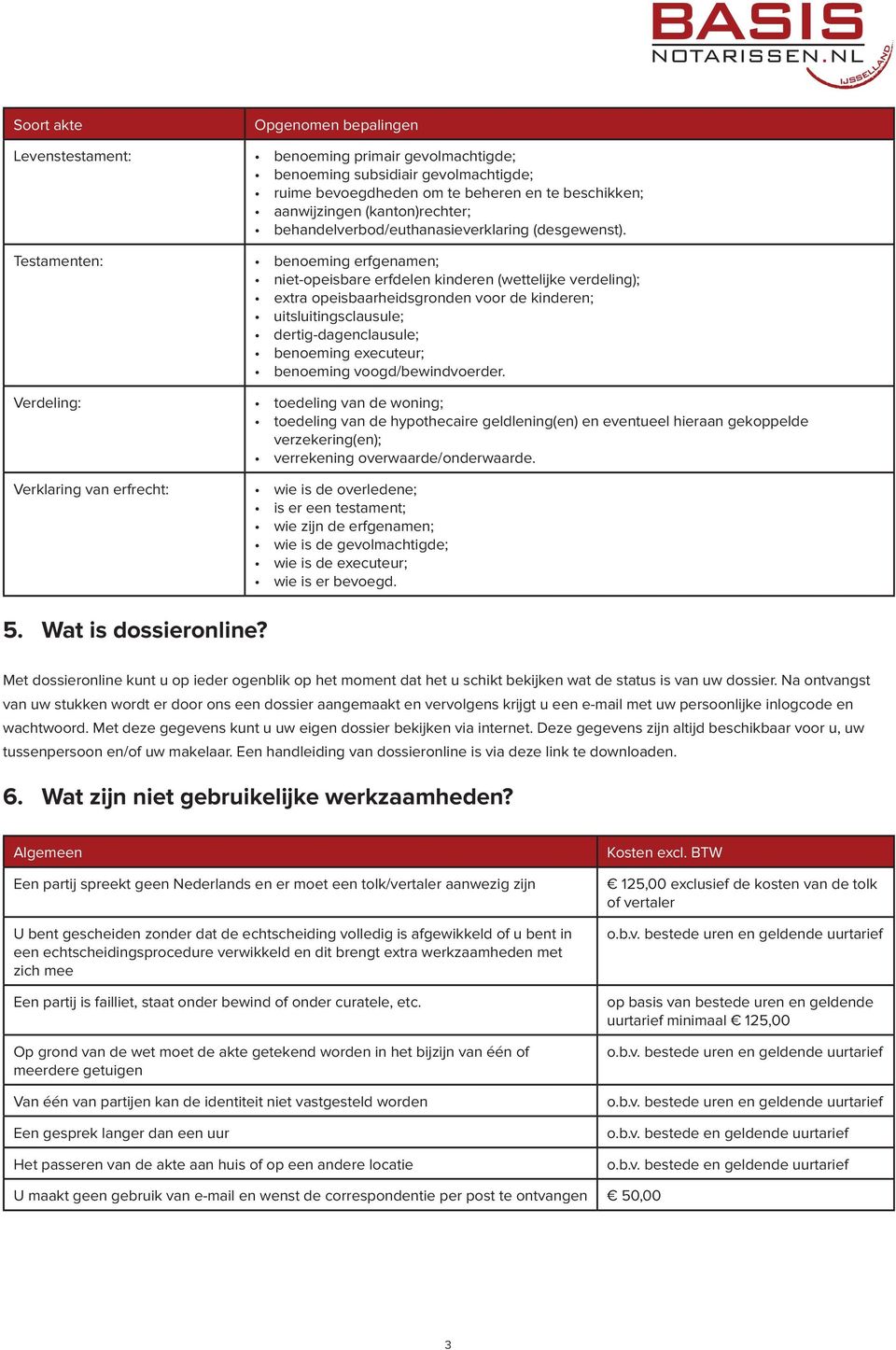 benoeming erfgenamen; niet-opeisbare erfdelen kinderen (wettelijke verdeling); extra opeisbaarheidsgronden voor de kinderen; uitsluitingsclausule; dertig-dagenclausule; benoeming executeur; benoeming