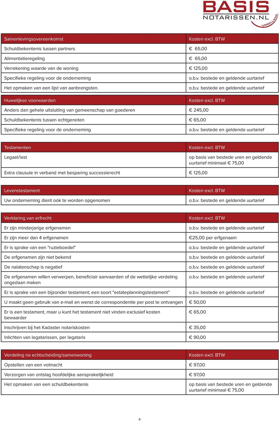 Huwelijkse voorwaarden Anders dan gehele uitsluiting van gemeenschap van goederen 245,00 Schuldbekentenis tussen echtgenoten 65,00 Specifieke regeling voor de onderneming Testamenten Legaat/last op