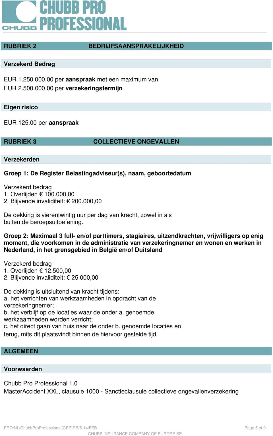 Overlijden 100.000,00 2. Blijvende invaliditeit: 200.000,00 De dekking is vierentwintig uur per dag van kracht, zowel in als buiten de beroepsuitoefening.