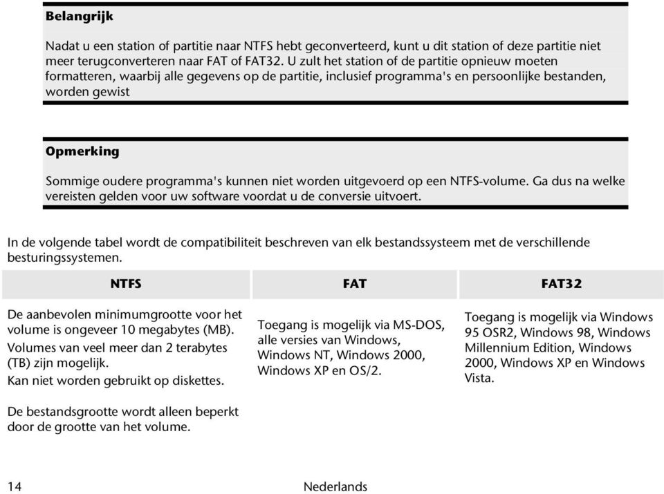 kunnen niet worden uitgevoerd op een NTFS-volume. Ga dus na welke vereisten gelden voor uw software voordat u de conversie uitvoert.