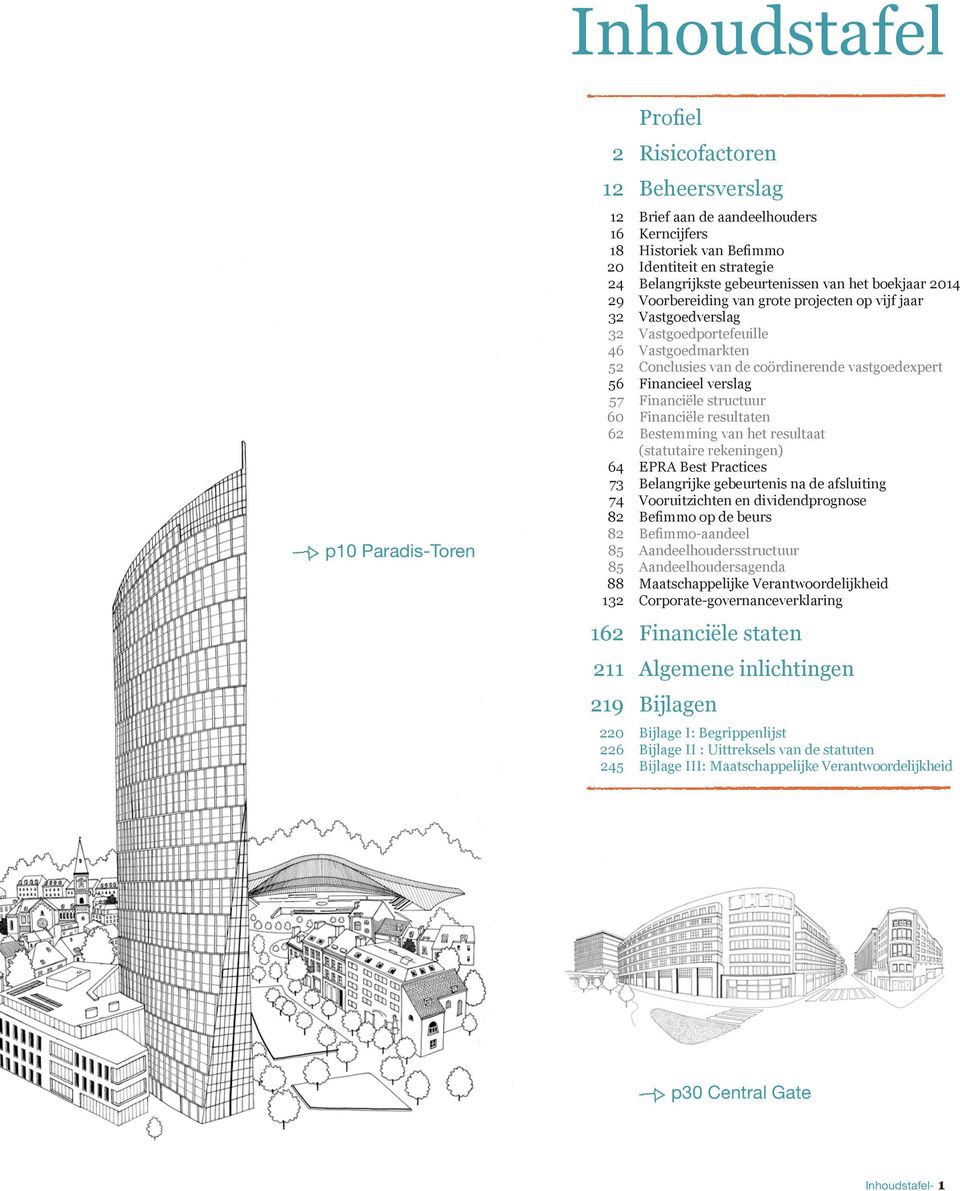 56 Financieel verslag 57 Financiële structuur 60 Financiële resultaten 62 Bestemming van het resultaat (statutaire rekeningen) 64 EPRA Best Practices 73 Belangrijke gebeurtenis na de afsluiting 74