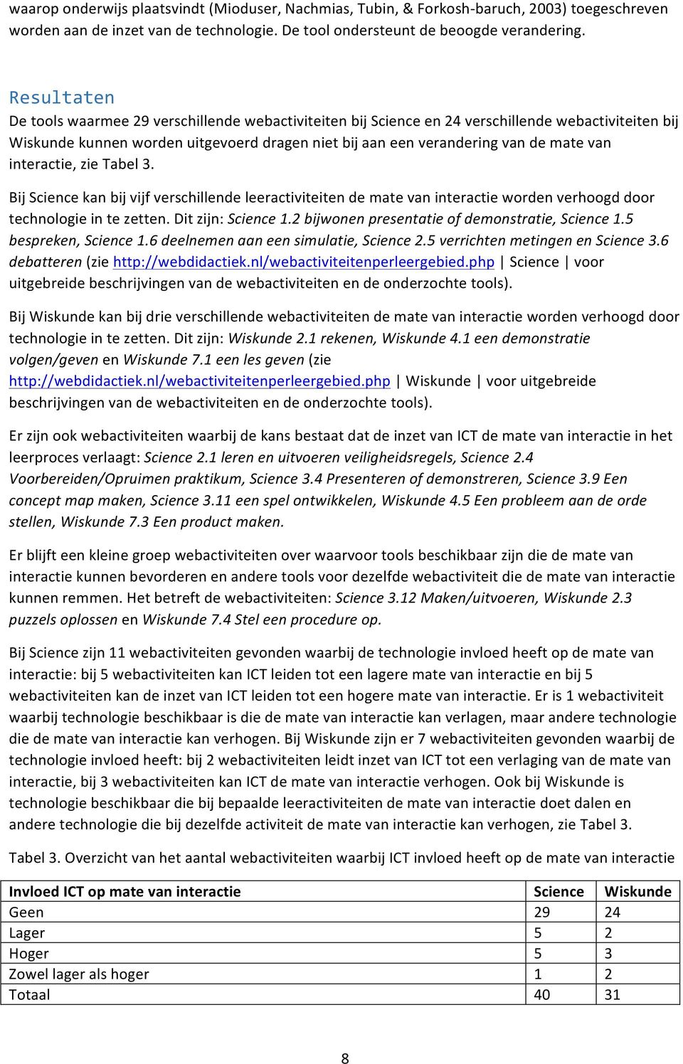 zie Tabel 3. Bij Science kan bij vijf verschillende leeractiviteiten de mate van worden verhoogd door technologie in te zetten. Dit zijn: Science 1.2 bijwonen presentatie of demonstratie, Science 1.