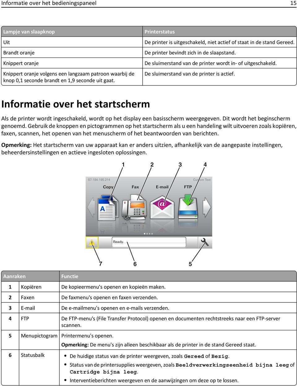 De sluimerstand van de printer is actief. Informatie over het startscherm Als de printer wordt ingeschakeld, wordt op het display een basisscherm weergegeven. Dit wordt het beginscherm genoemd.