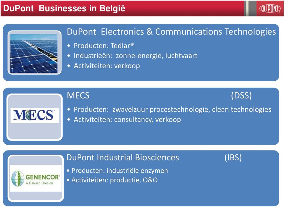 zwavelzuur procestechnologie, clean technologies Activiteiten: consultancy, verkoop DuPont