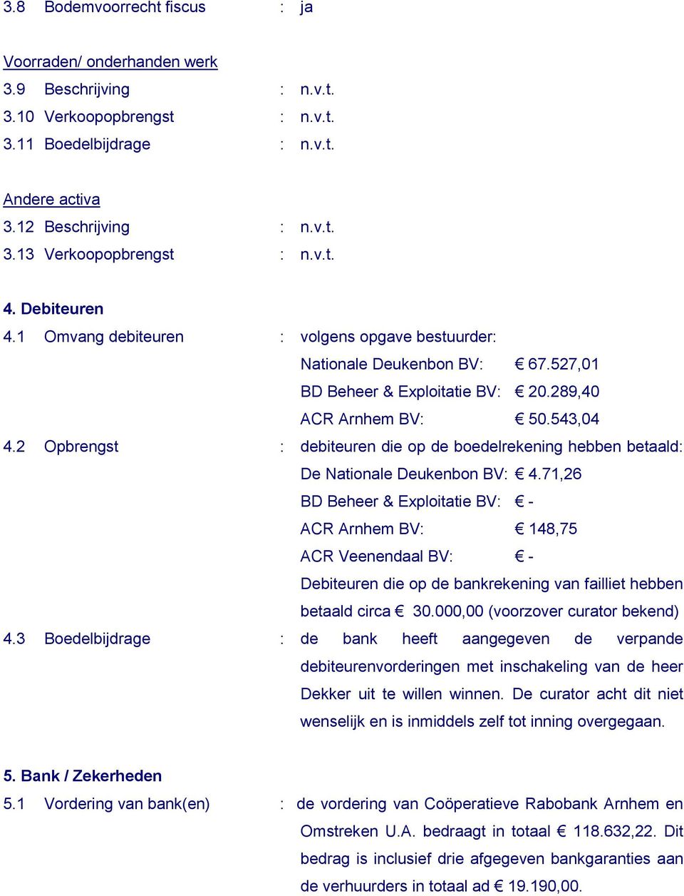 2 Opbrengst : debiteuren die op de boedelrekening hebben betaald: De Nationale Deukenbon BV: 4.