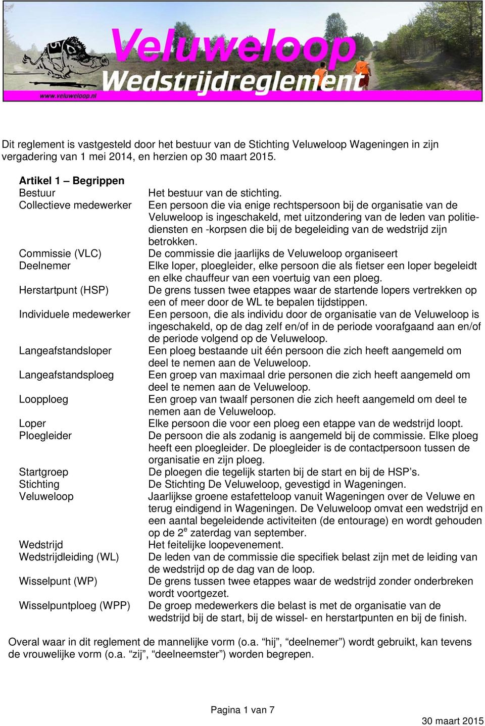 Stichting Veluweloop Wedstrijd Wedstrijdleiding (WL) Wisselpunt (WP) Wisselpuntploeg (WPP) Het bestuur van de stichting.
