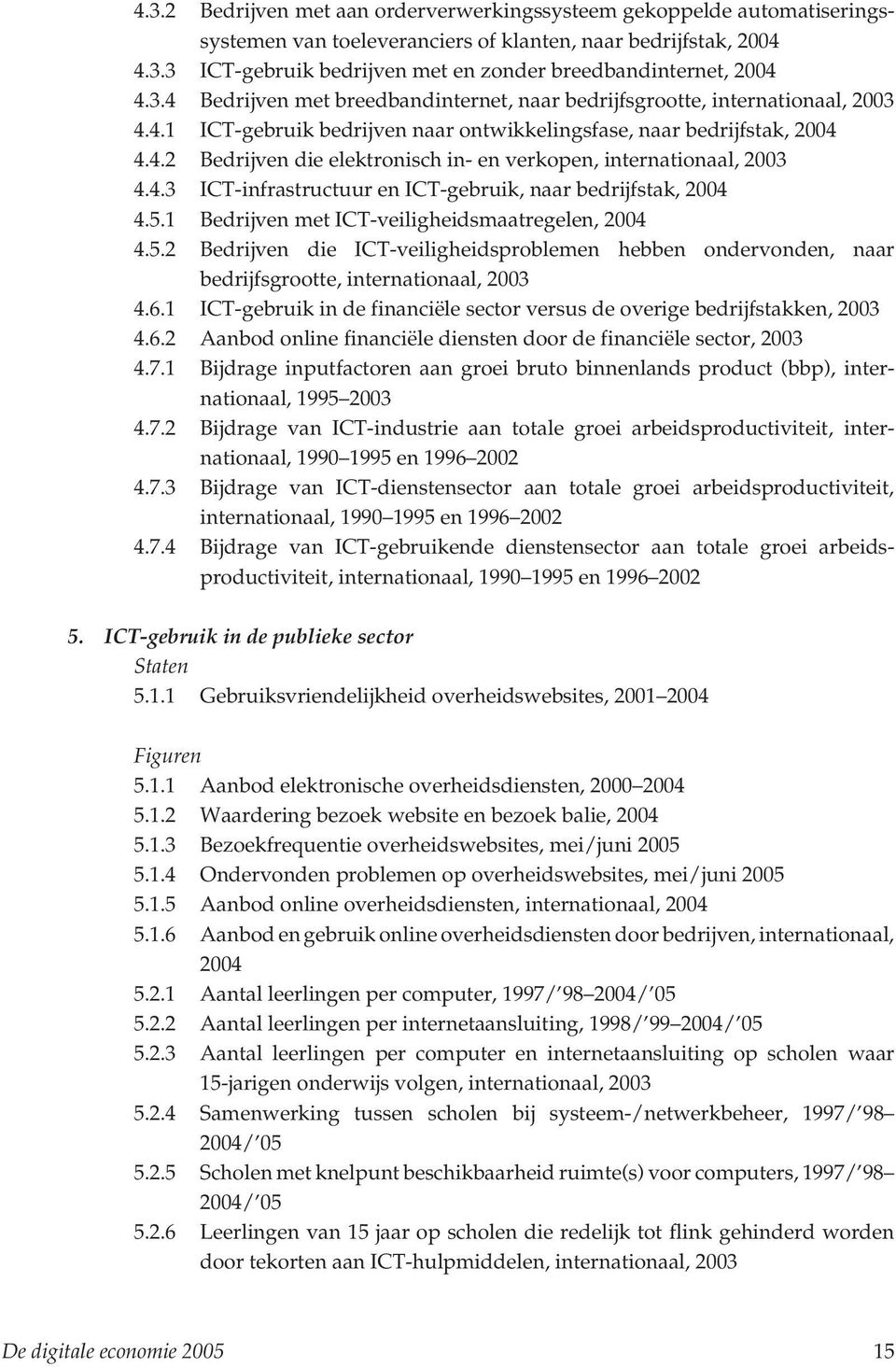 4.3 ICT-infrastructuur en ICT-gebruik, naar bedrijfstak, 2004 4.5.1 Bedrijven met ICT-veiligheidsmaatregelen, 2004 4.5.2 Bedrijven die ICT-veiligheidsproblemen hebben ondervonden, naar bedrijfsgrootte, internationaal, 2003 4.