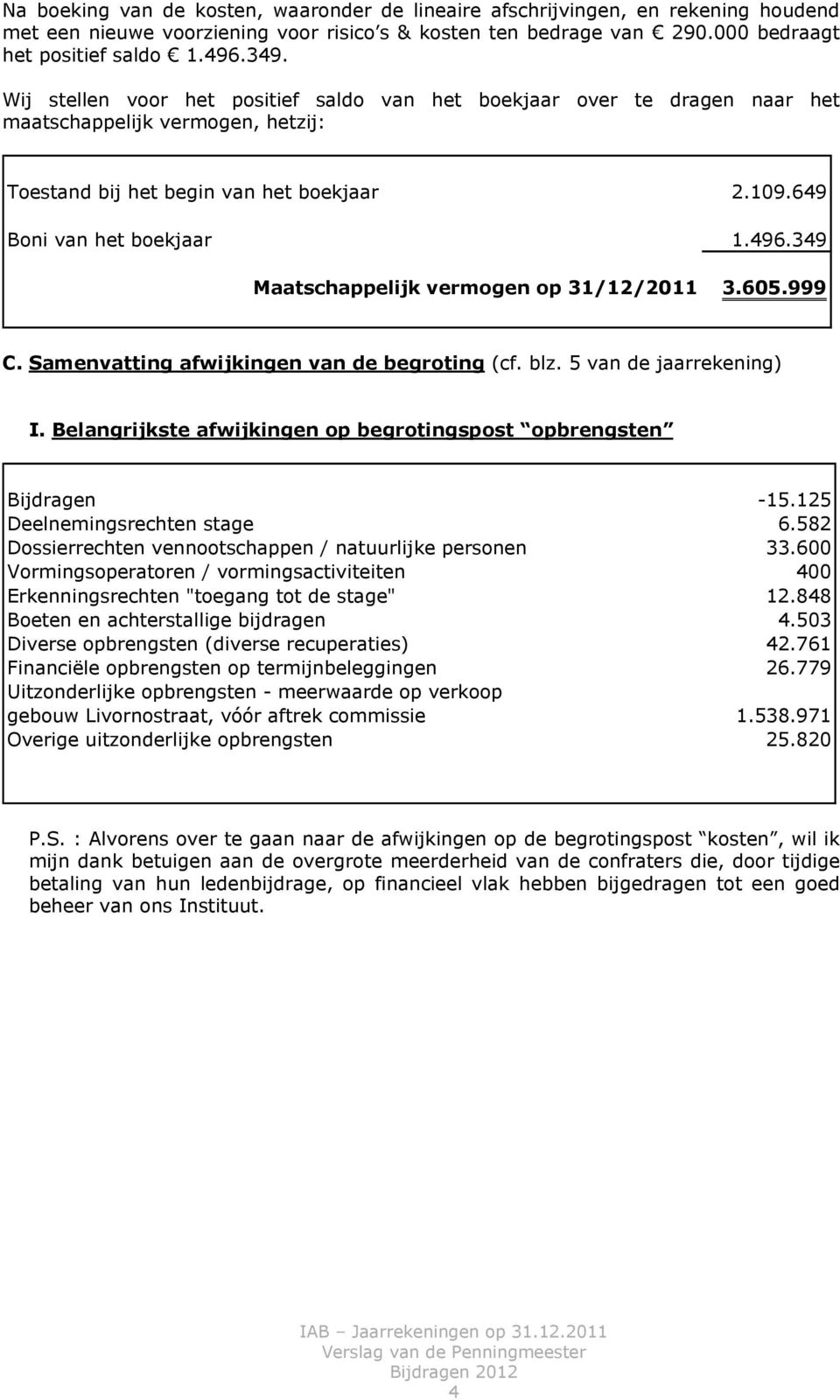 349 Maatschappelijk vermogen op 31/12/2011 3.605.999 C. Samenvatting afwijkingen van de begroting (cf. blz. 5 van de jaarrekening) I.