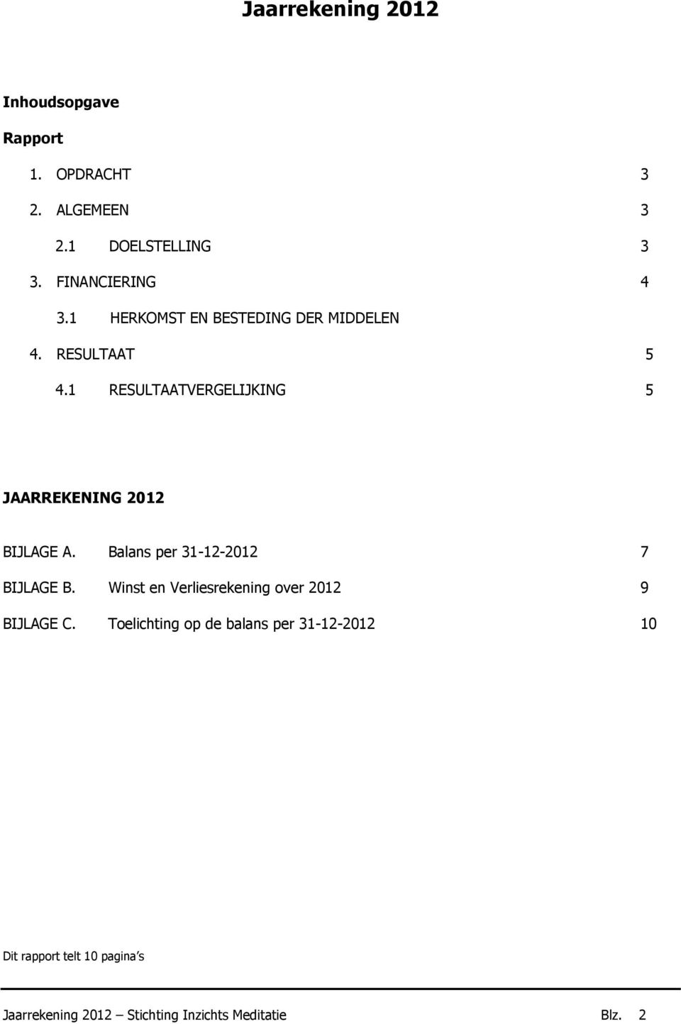 1 RESULTAATVERGELIJKING 5 JAARREKENING 2012 BIJLAGE A. Balans per 31-12-2012 7 BIJLAGE B.