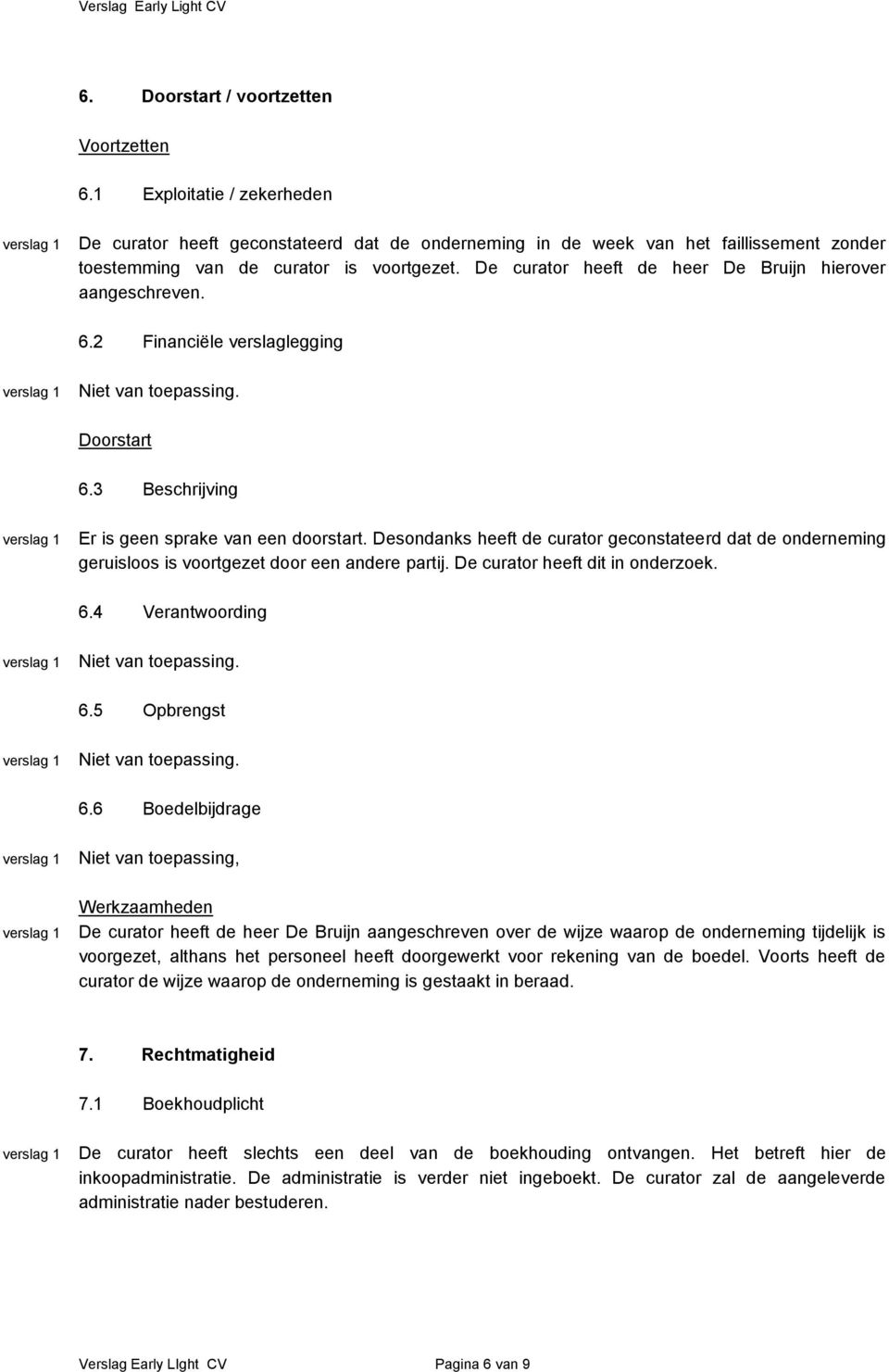 Desondanks heeft de curator geconstateerd dat de onderneming geruisloos is voortgezet door een andere partij. De curator heeft dit in onderzoek. 6.4 Verantwoording 6.5 Opbrengst 6.