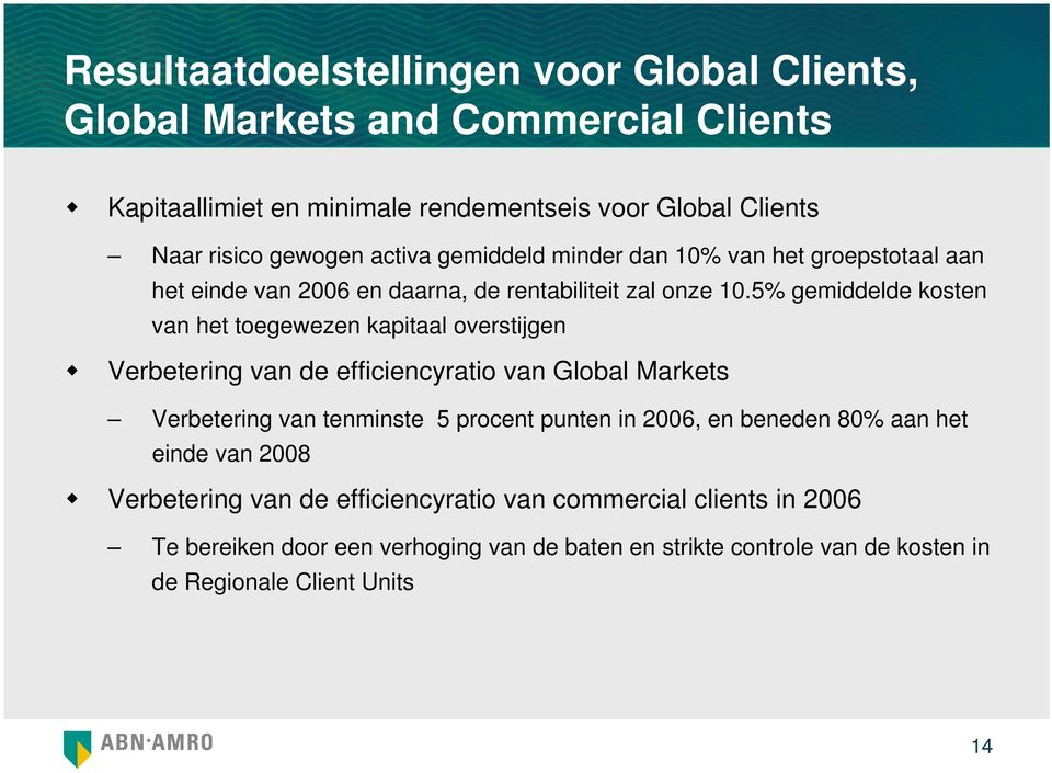 5% gemiddelde kosten van het toegewezen kapitaal overstijgen Verbetering van de efficiencyratio van Global Markets Verbetering van tenminste 5 procent punten in