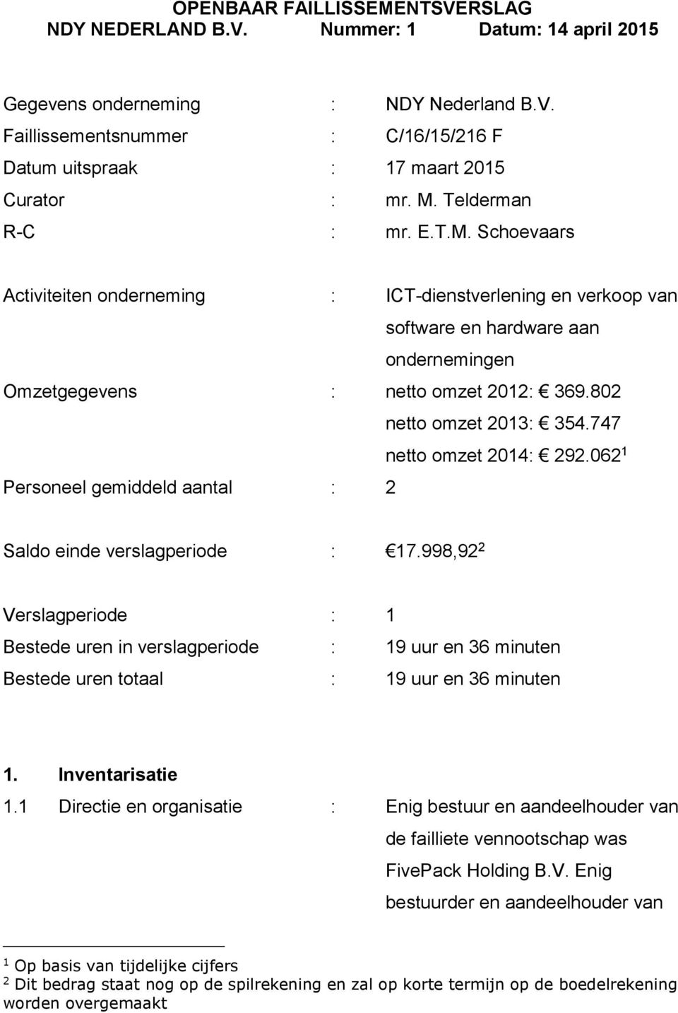 802 netto omzet 2013: 354.747 netto omzet 2014: 292.062 1 Personeel gemiddeld aantal : 2 Saldo einde verslagperiode : 17.