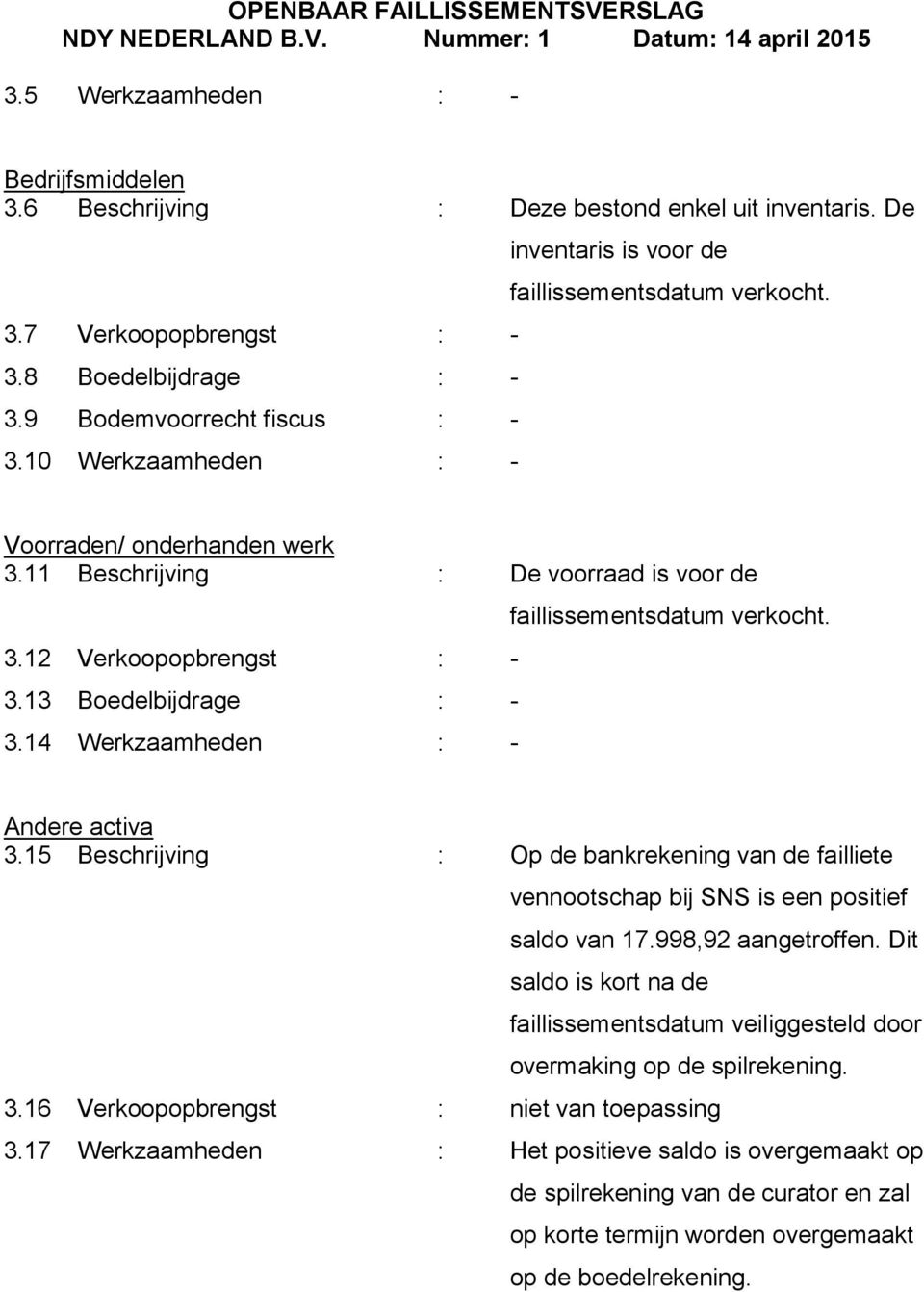 14 Werkzaamheden : - faillissementsdatum verkocht. Andere activa 3.15 Beschrijving : Op de bankrekening van de failliete vennootschap bij SNS is een positief saldo van 17.998,92 aangetroffen.