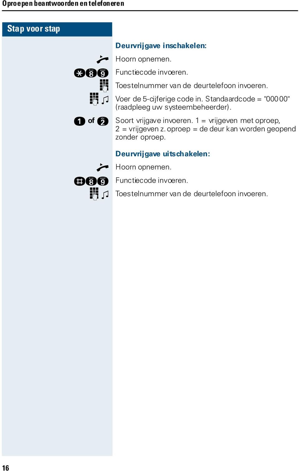 Standaardcode = "00000" (raadpleeg uw systeembeheerder). : of ; Soort vrijgave invoeren.