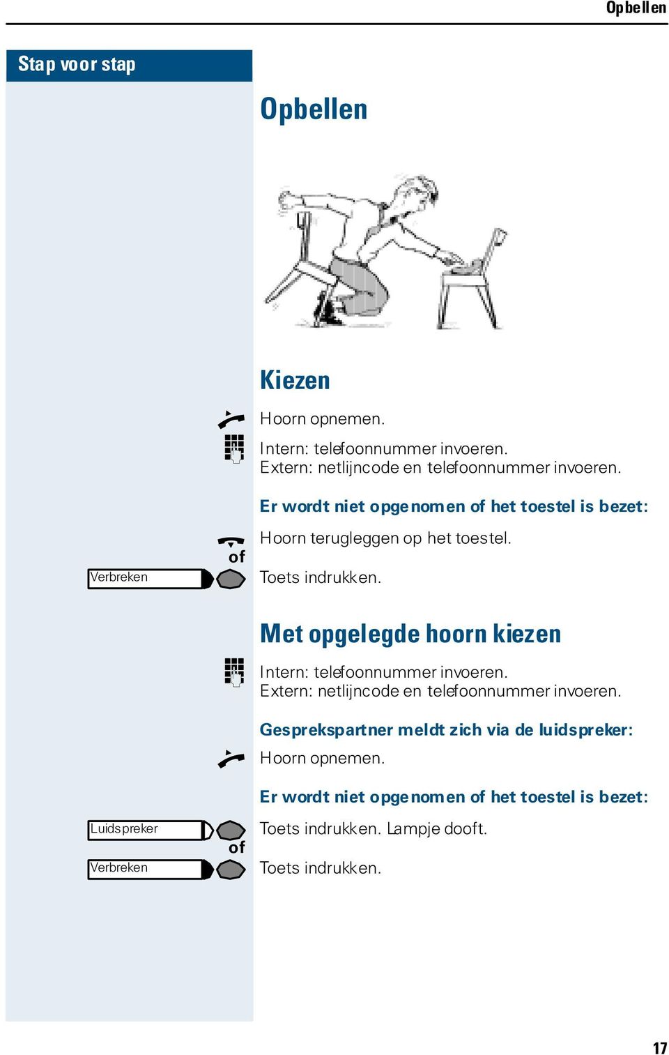 Met opgelegde hoorn kiezen D Intern: telefoonnummer invoeren. Extern: netlijncode en telefoonnummer invoeren.