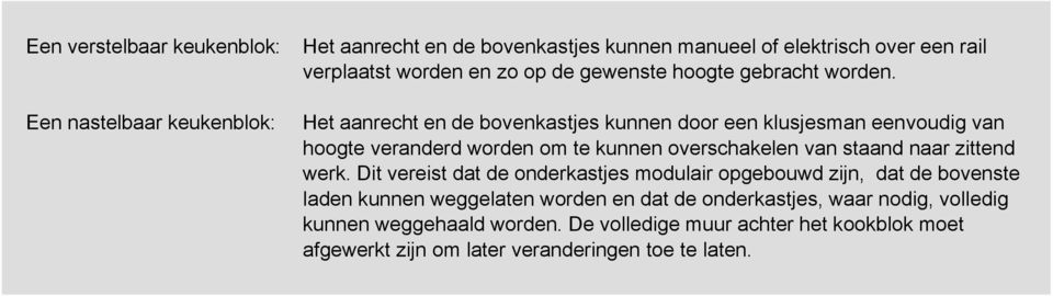 Een nastelbaar keukenblok: Het aanrecht en de bovenkastjes kunnen door een klusjesman eenvoudig van hoogte veranderd worden om te kunnen overschakelen