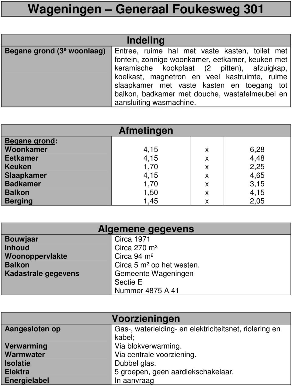 Begane grond: Woonkamer Eetkamer Keuken Slaapkamer Badkamer Balkon Berging Afmetingen 4,15 4,15 1,70 4,15 1,70 1,50 1,45 6,28 4,48 2,25 4,65 3,15 4,15 2,05 Bouwjaar Inhoud Woonoppervlakte Balkon