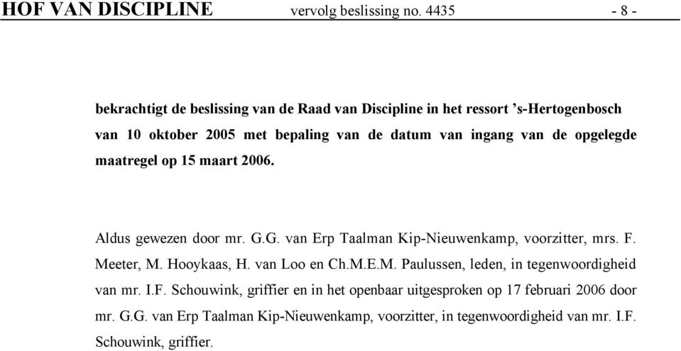van de opgelegde maatregel op 15 maart 2006. Aldus gewezen door mr. G.G. van Erp Taalman Kip-Nieuwenkamp, voorzitter, mrs. F. Meeter, M. Hooykaas, H.